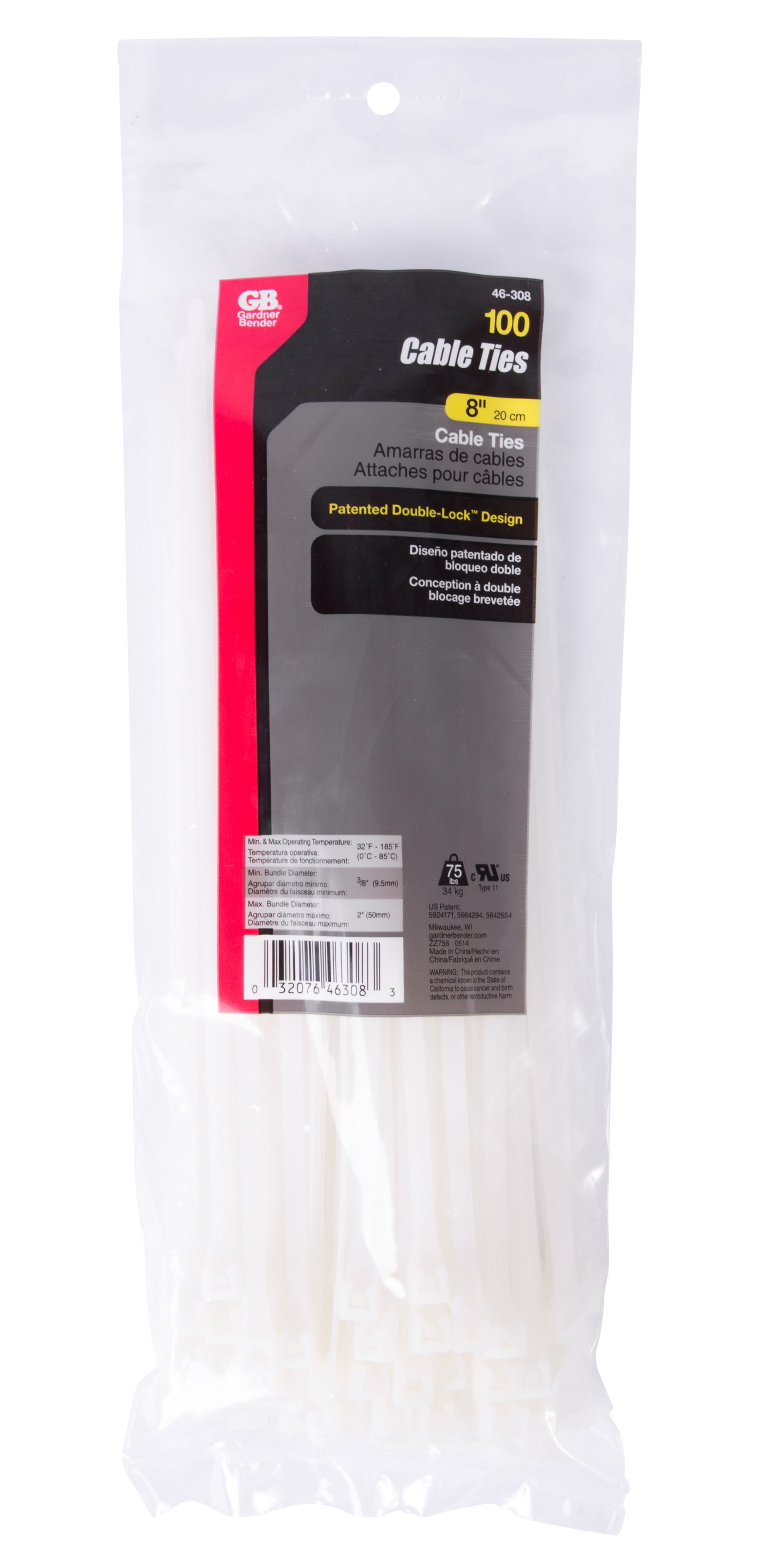 8" White Cable Tie 100/bag 46-308