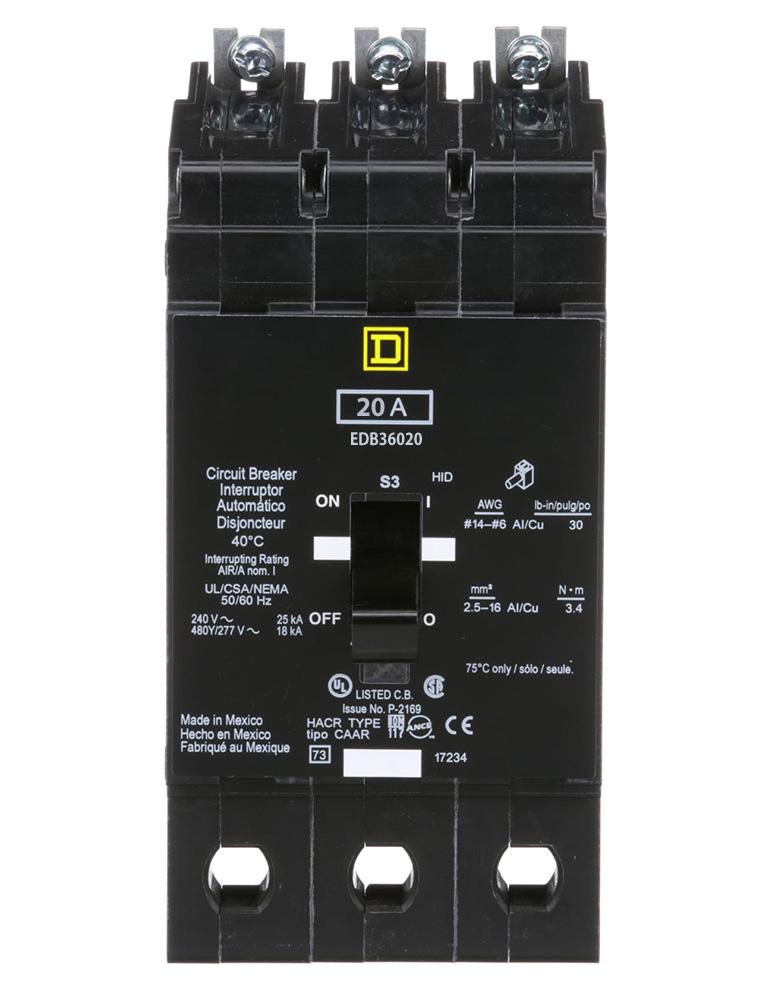 EDB36020 - Square D 20 Amp 3 Pole 600 Volt Bolt-On Molded Case Circuit Breaker